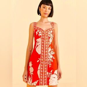 NWT Farm Rio Large Lace Red White Linen Monsteras Mini Dress